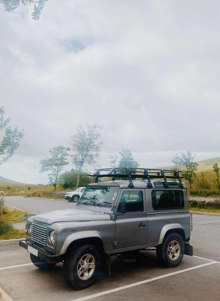 Tan Land Rover Defender parked among autumn leaves