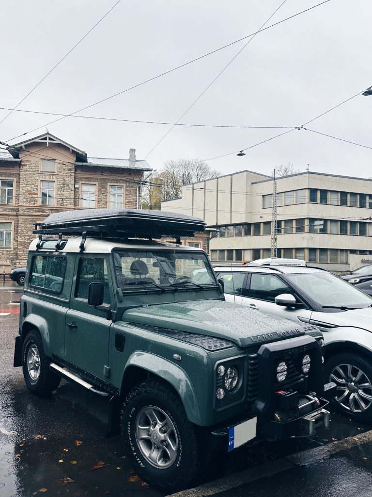 Land Rover Defender on an Estonian countryside trail