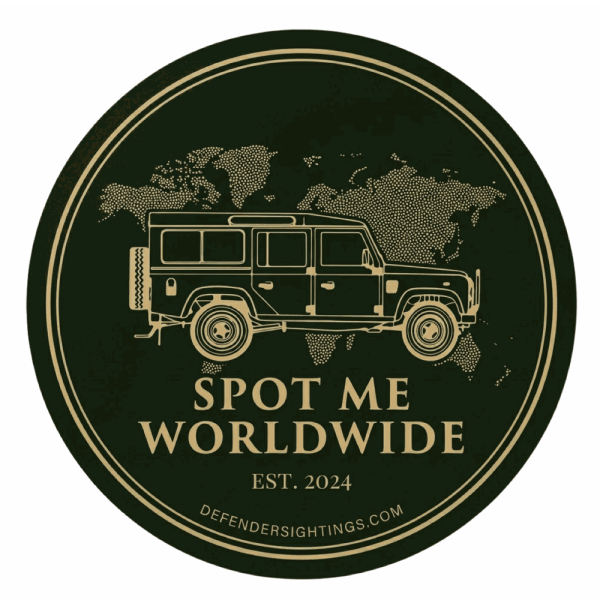 "Spot Me Worldwide" round Land Rover Defender sticker, 80 mm, dark green with gold Defender 110 and world map
